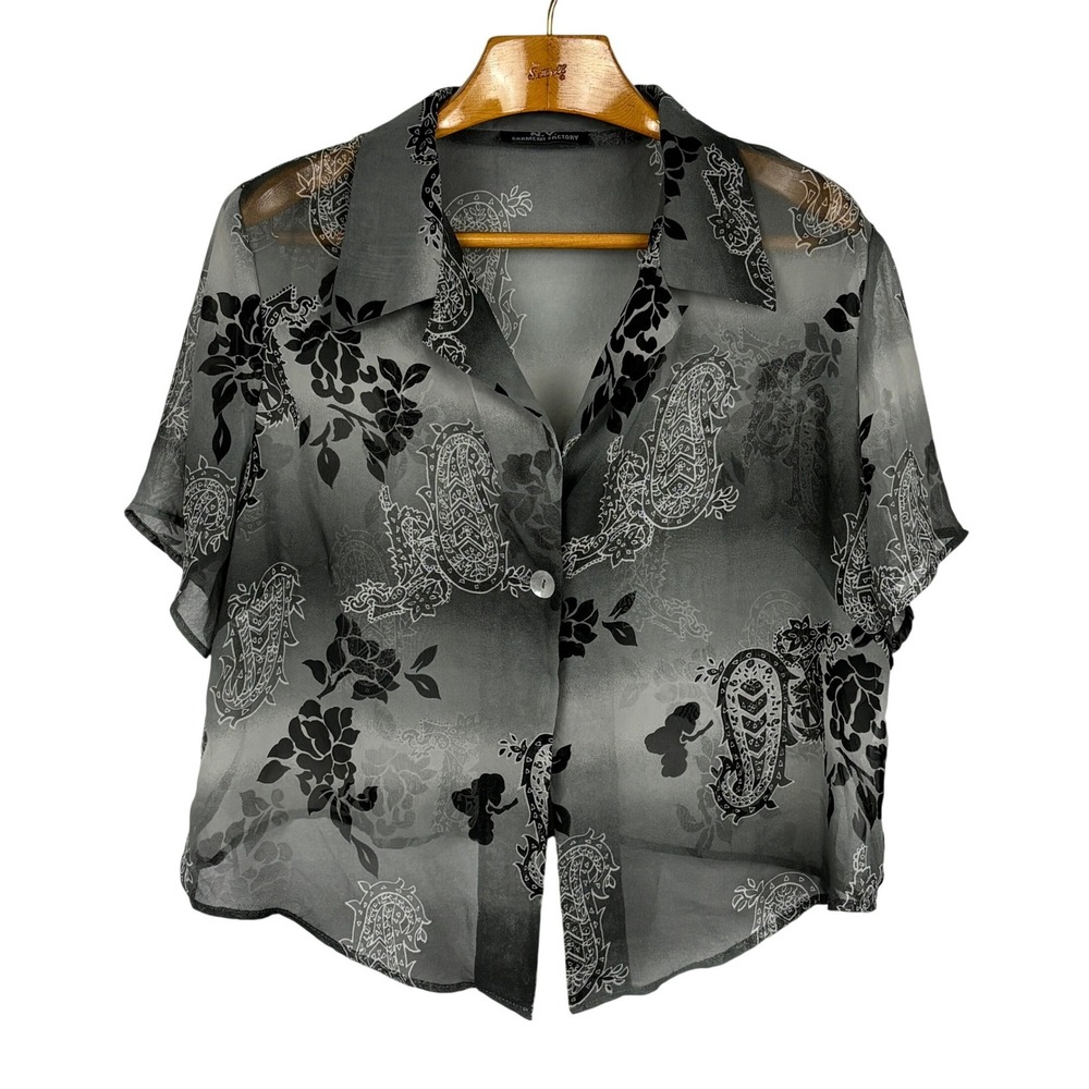 Y2K Sheer Paisley Blouse Oversized Boxy Gray Black Whimsigoth Grunge Goth Flowy